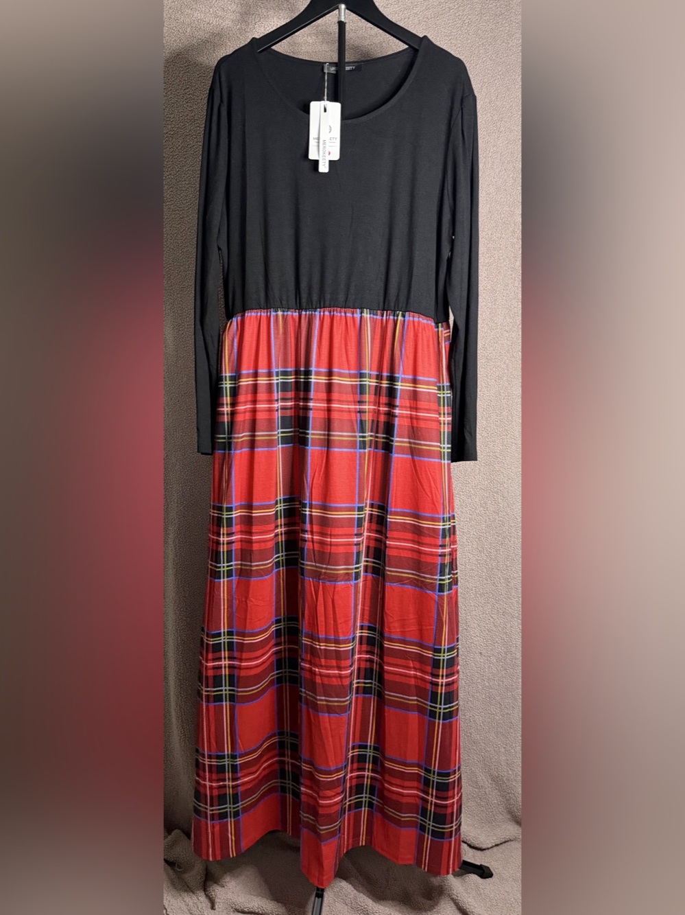 MEROKEETY XL Black Red Plaid Tartan Long Sleeve Maxi Dress NWT